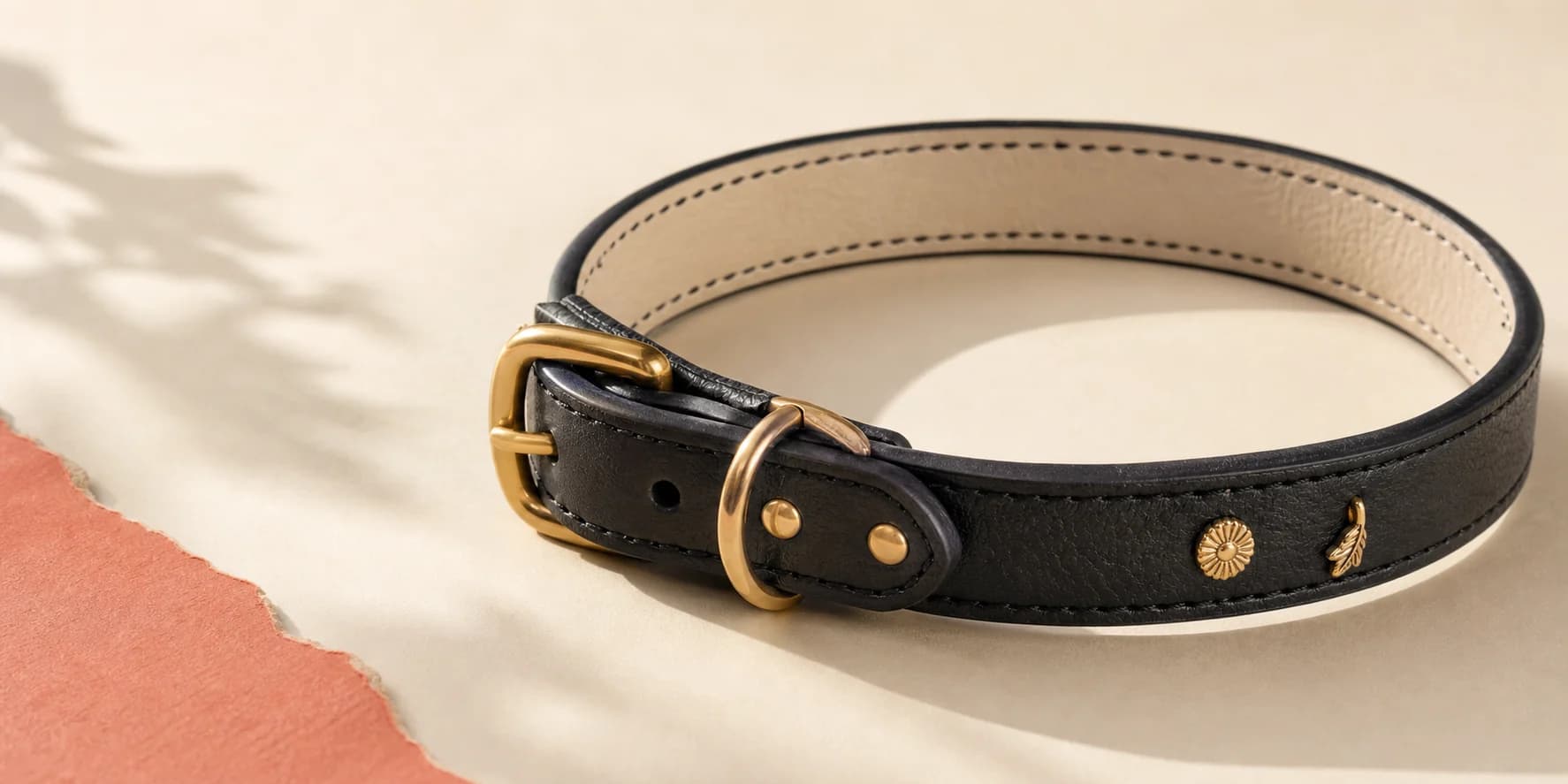 Close detail of top-grain leather, stitching and collar hardware
