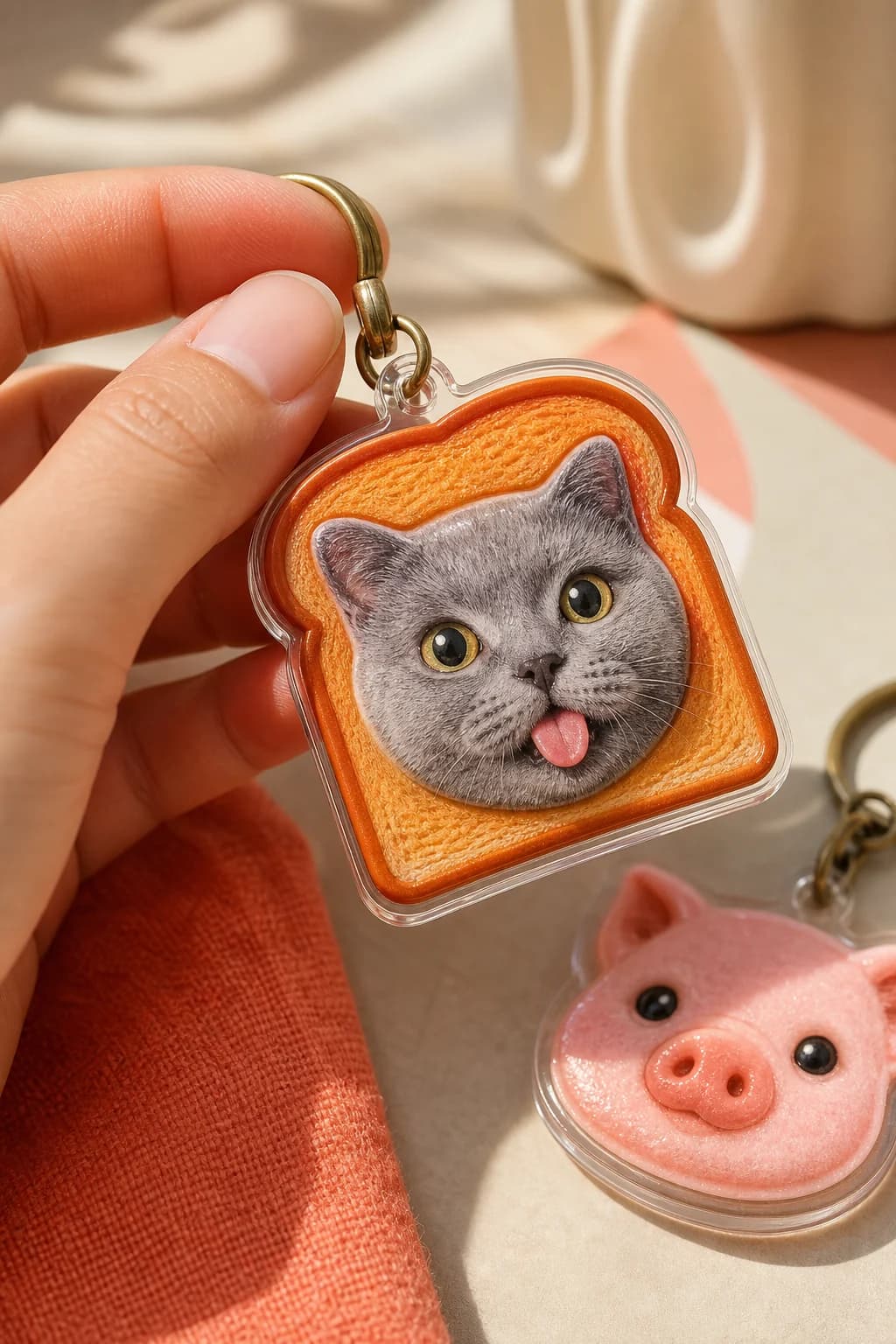 A dimensional pet portrait keepsake held in a hand