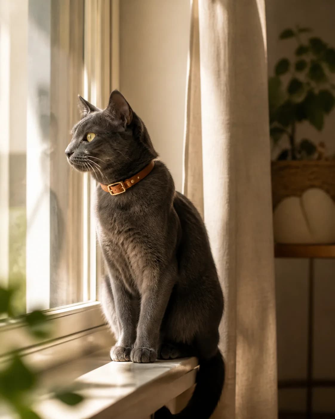 Elegant charcoal cat wearing a leather collar by a warm window