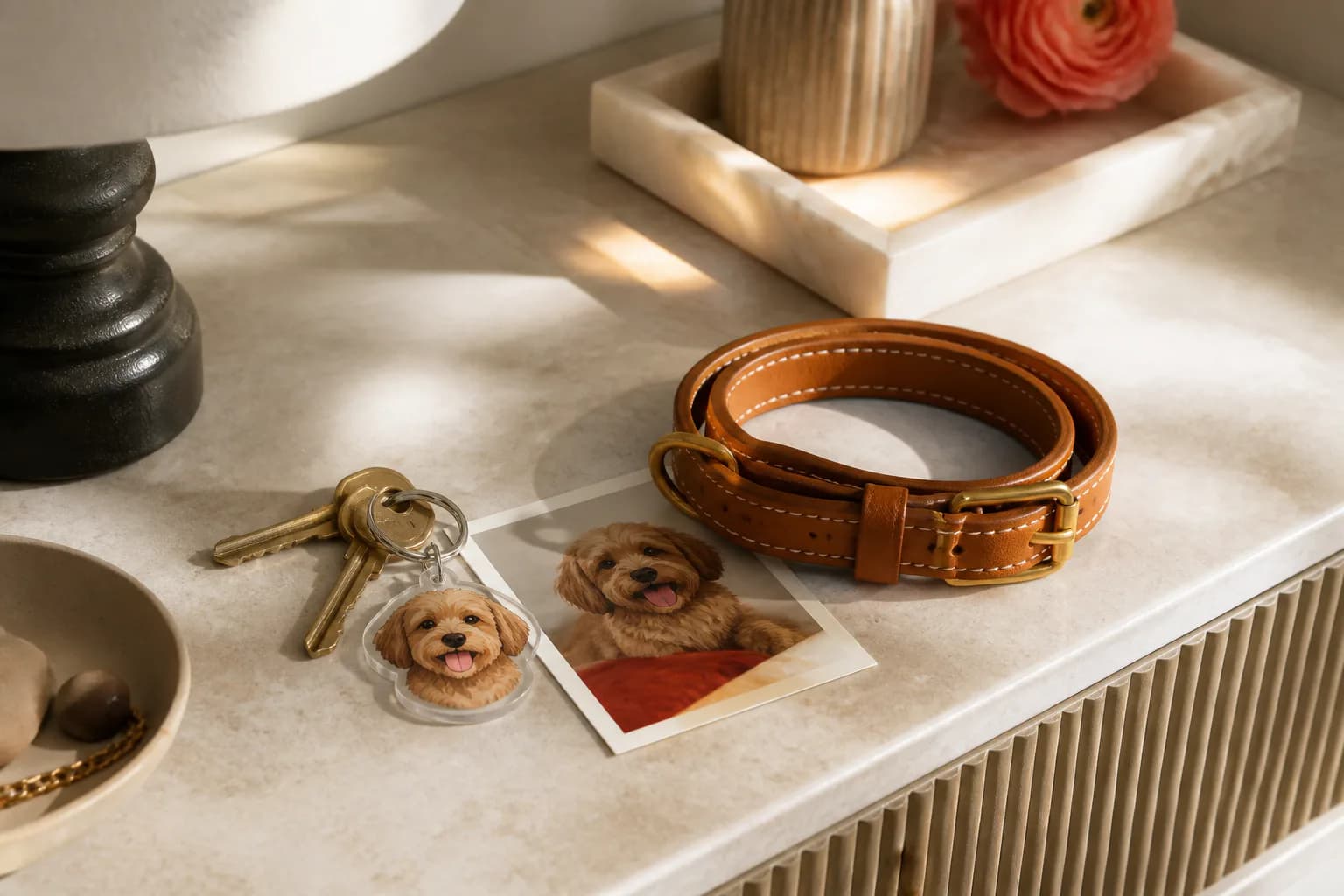 Pet portrait keychain, leather collar and snapshot arranged at home